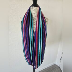 Calvin Klein Striped Infinity Scarf Sheer Multi-Color Blue Red Green Logo Bar